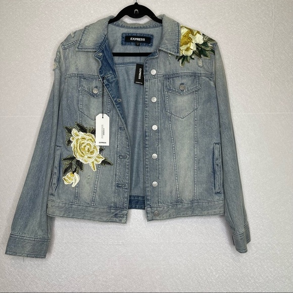 Express Jackets & Blazers - Express Embroidered Floral Distressed Denim Jacket L